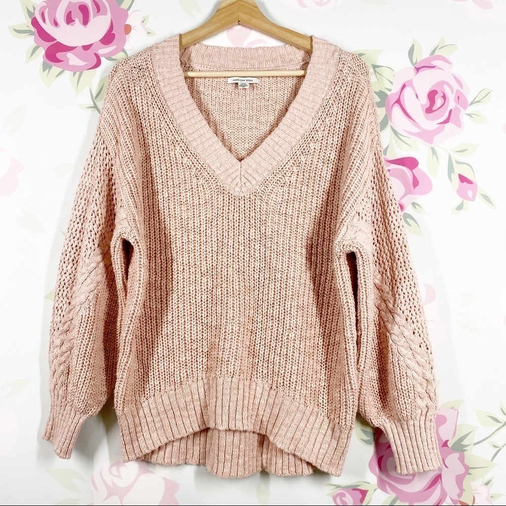 American Eagle Outfitters AEO Chunky Knit V Neck Blush Pink Sweater S